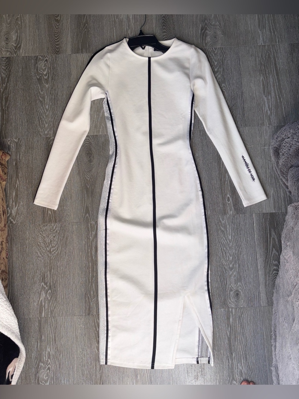 Women's Long Sleeve White Midi Dress with Black Piping